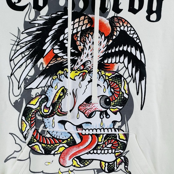 NWT Ed Hardy Men's Battle Skull Ivory Hoodie Sweatshirt Size XL Pullover - Picture 4 of 15